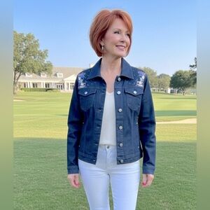 Chico’s Platinum Denim Jacket Embellished Beaded Rhinestones Size 1 RARE